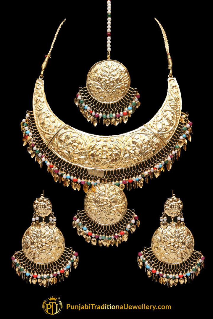 Multi Gold Plated Pippal Patti Necklace Set By Punjabi Traditional Jewellery