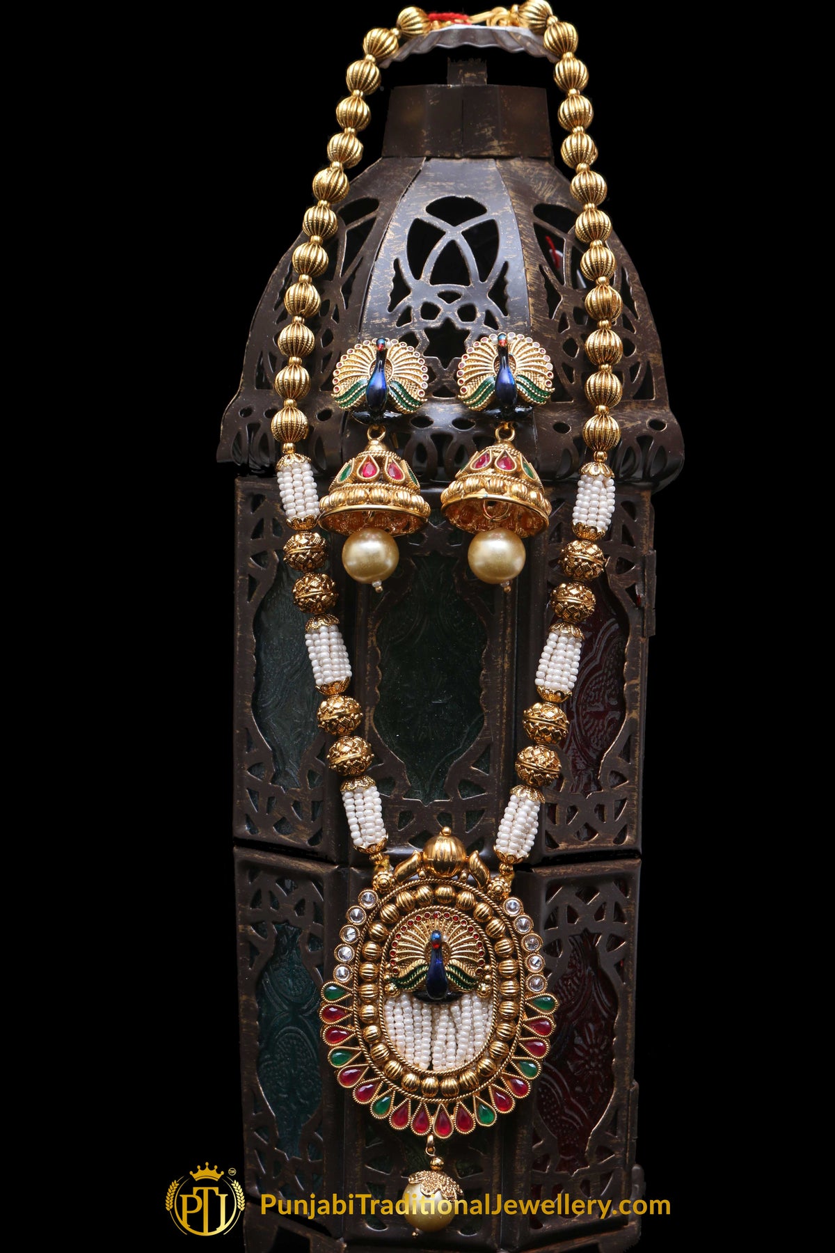 Red & Green Jodha Necklace Set By Punjabi Traditional Jewellery