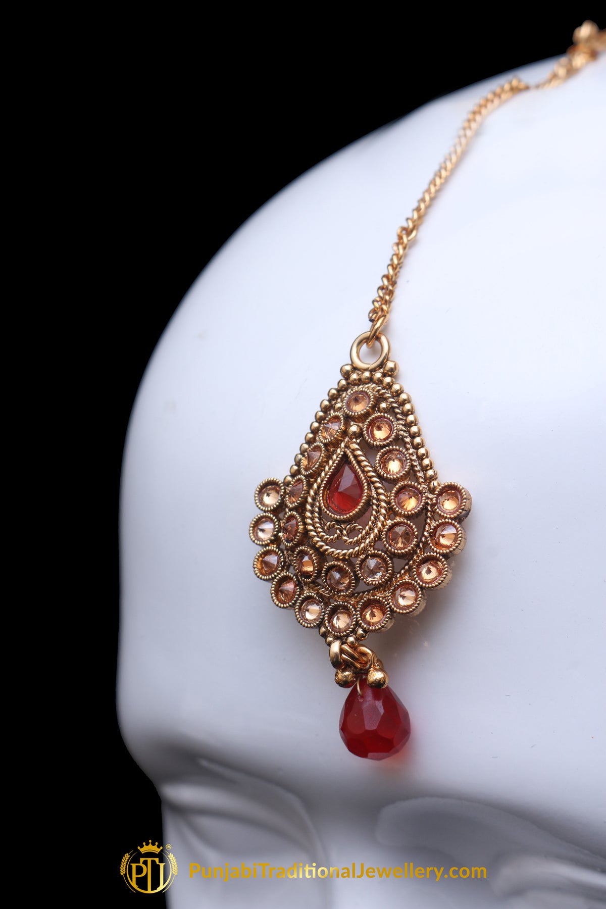 Red Champagne Stone Earring Tikka Set By Punjabi Traditional Jewellery