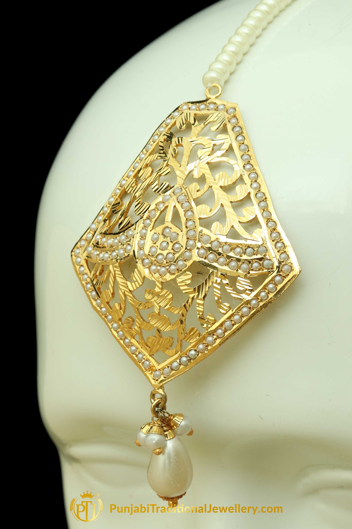 Golden Jadau Pearl Earring Tikka Set By Punjabi Traditional Jewellery