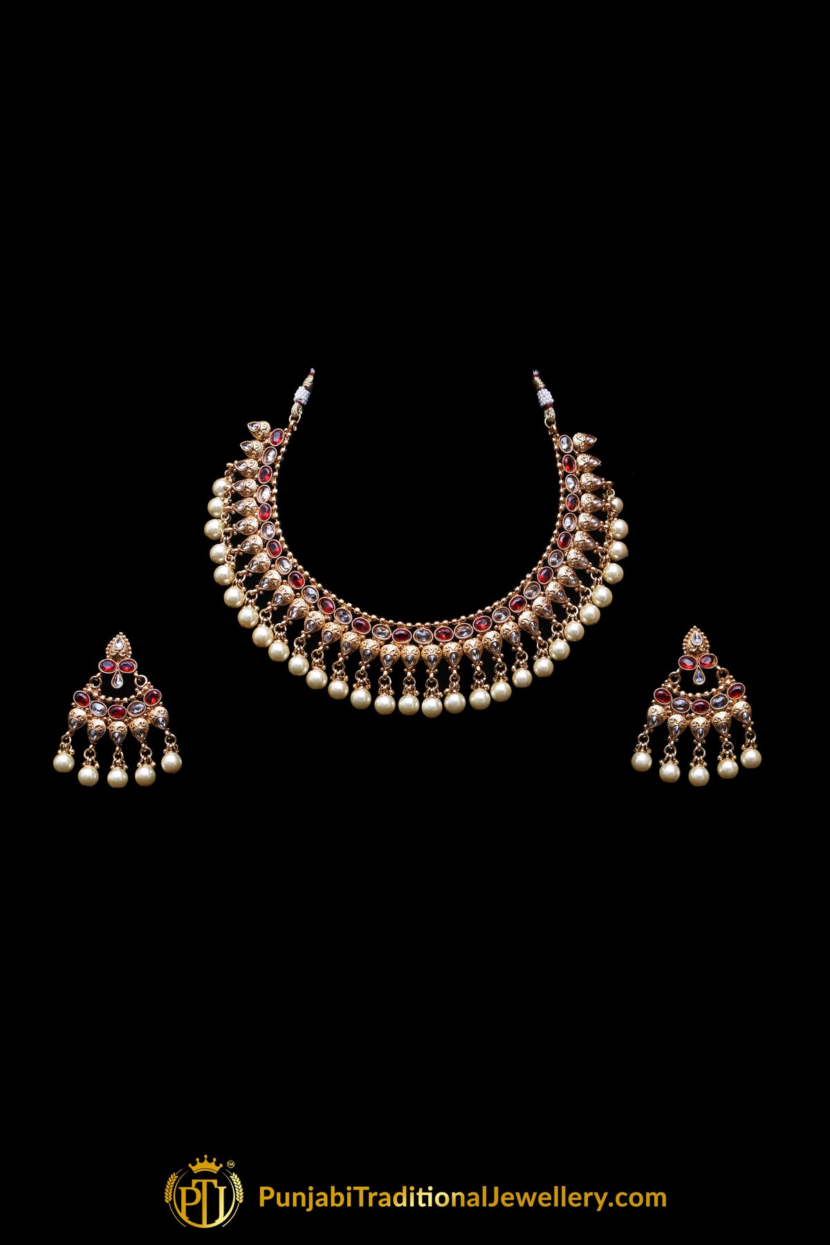 Red Pearl Polki Necklace Set By Punjabi Taditional Jewellery