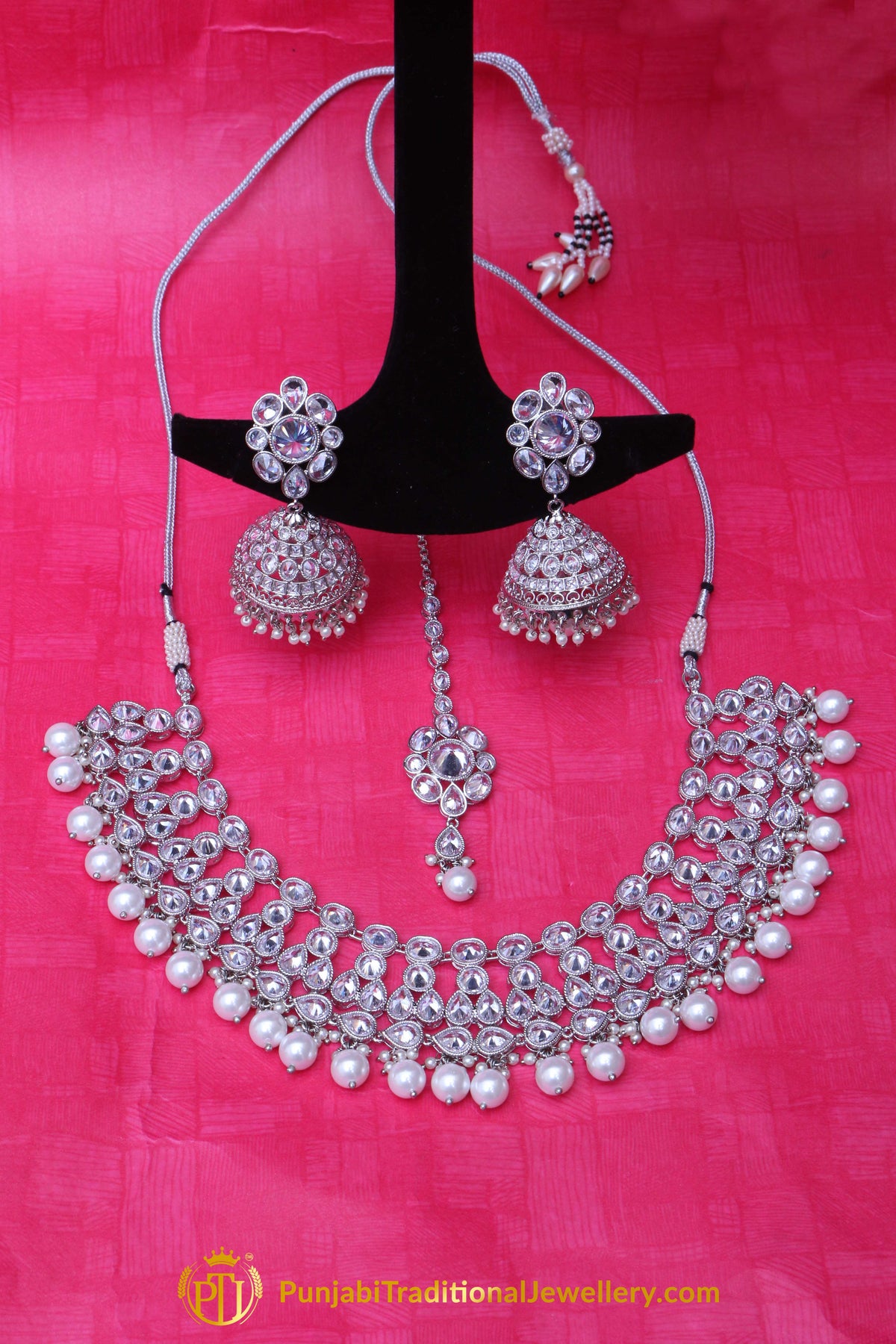 Silver Polki Pearl Necklace Set By Punjabi Traditional Jewellery