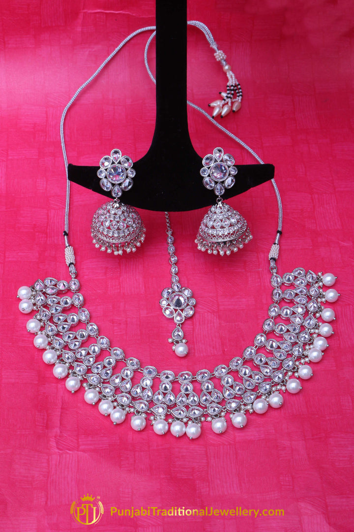 Silver Polki Pearl Necklace Set By Punjabi Traditional Jewellery