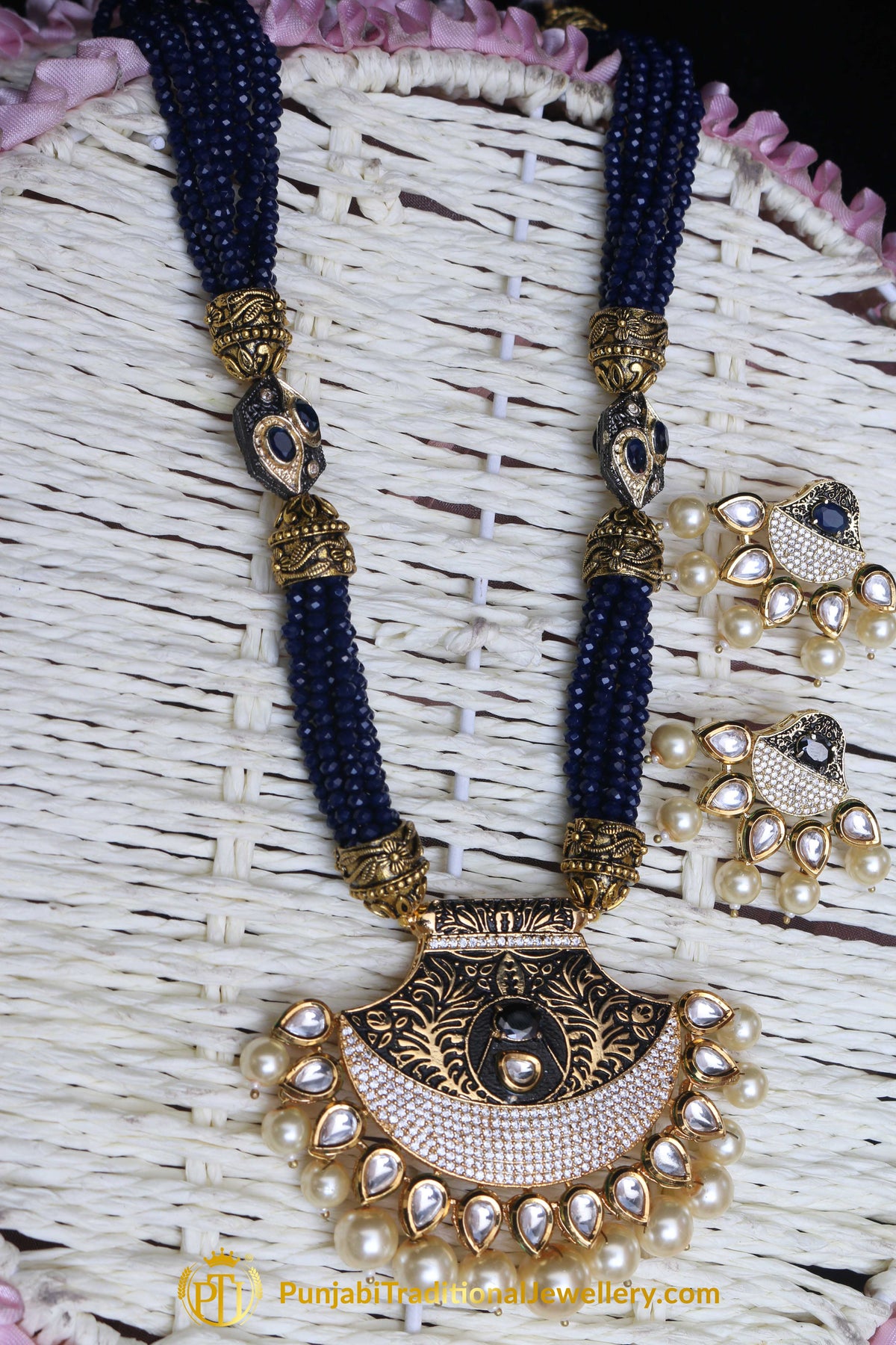 Blue Kundan Mala Meena Necklace Set By Punjabi Traditional Jewellery