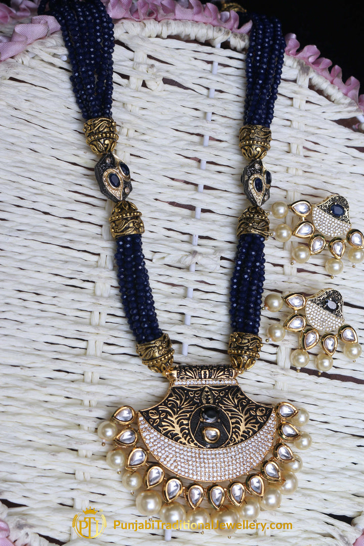 Blue Kundan Mala Meena Necklace Set By Punjabi Traditional Jewellery