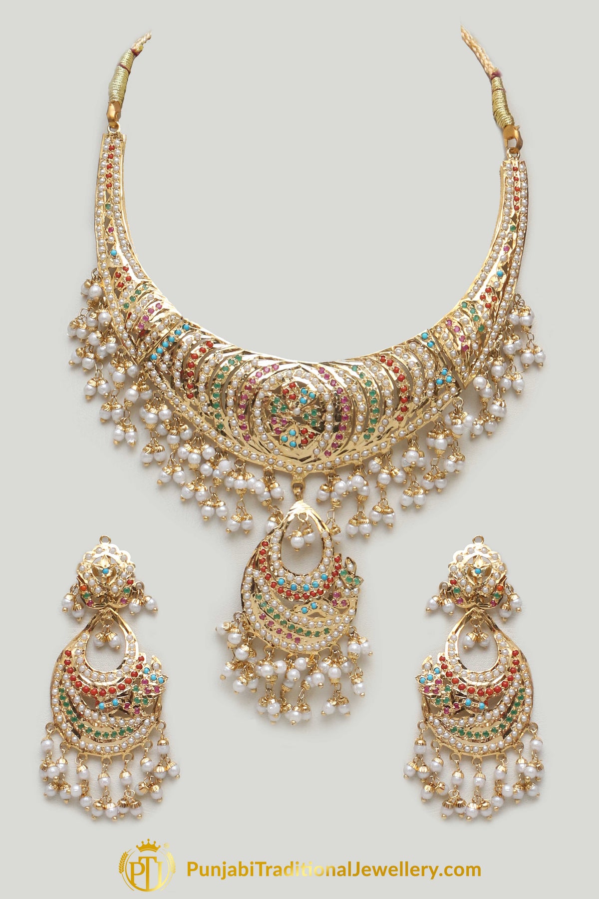 Multi Jadau Pearl Necklace Set By Punjabi Traditional Jewellery