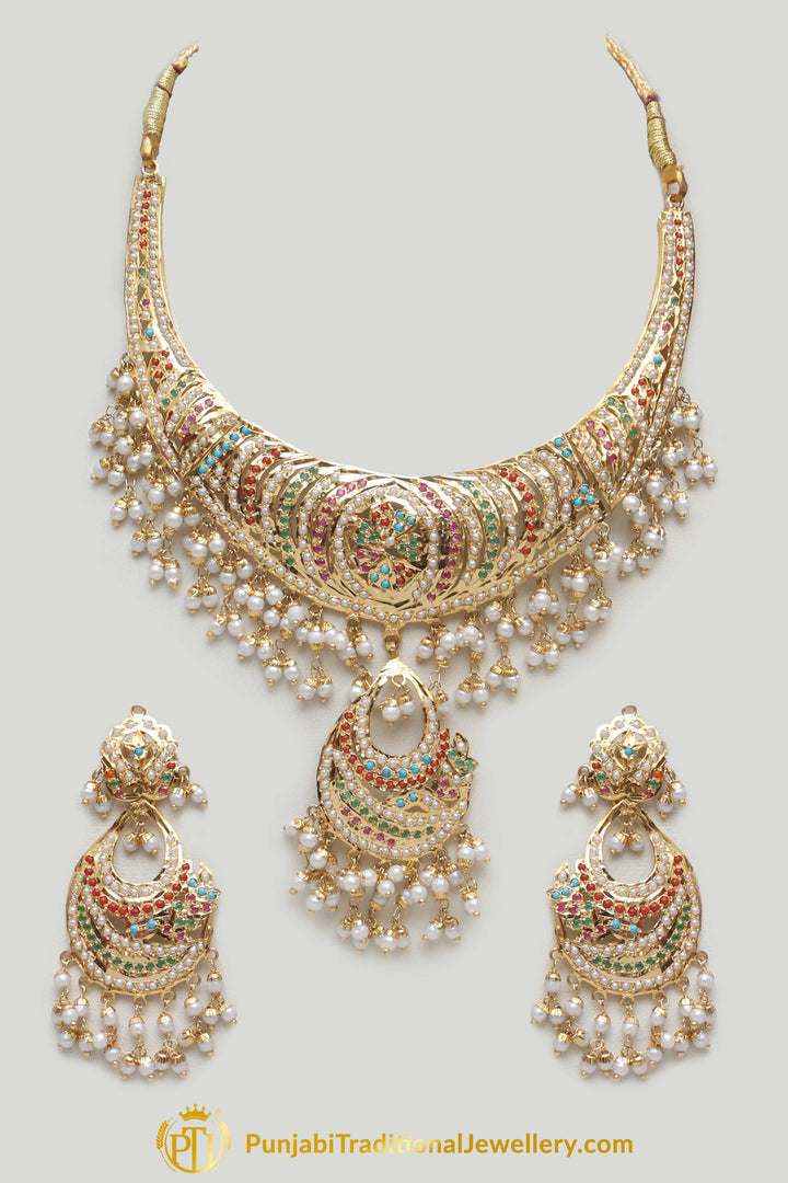 Multi Jadau Pearl Necklace Set By Punjabi Traditional Jewellery
