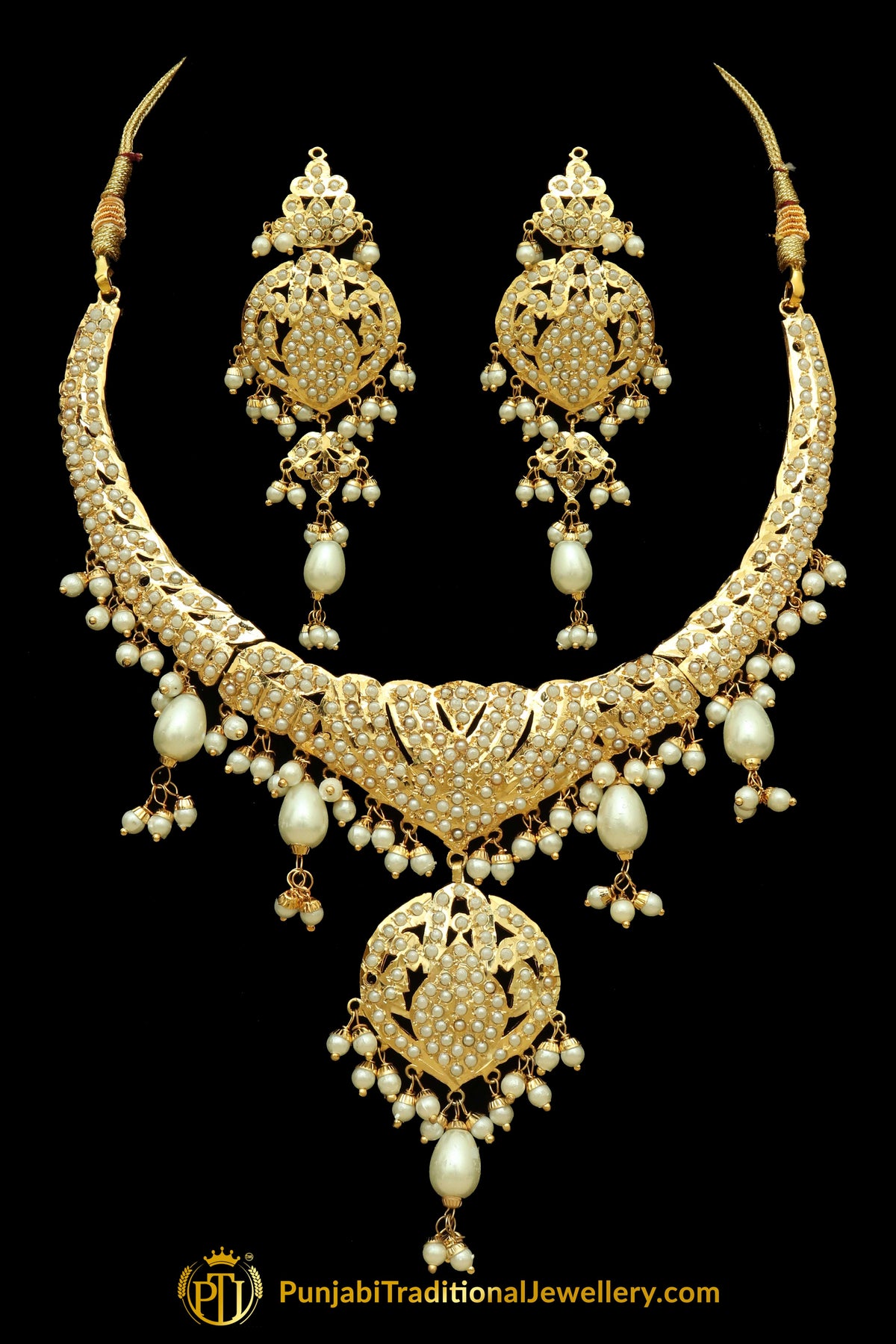 Golden Jadau Pearl Necklace Set By Punjabi Traditional Jewellery