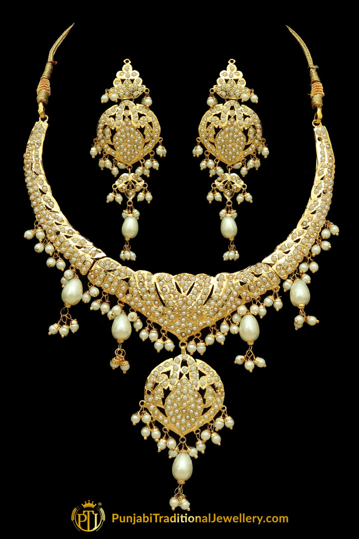 Golden Jadau Pearl Necklace Set By Punjabi Traditional Jewellery