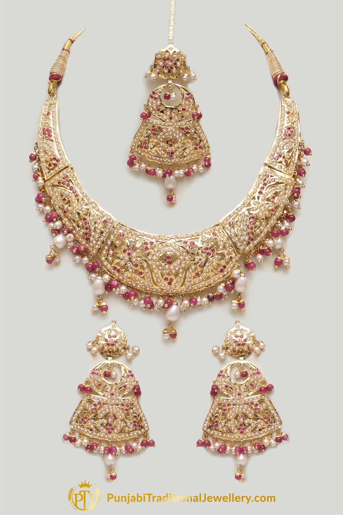 Red Jadau Pearl Necklace Set By Punjabi Taditional Jewellery