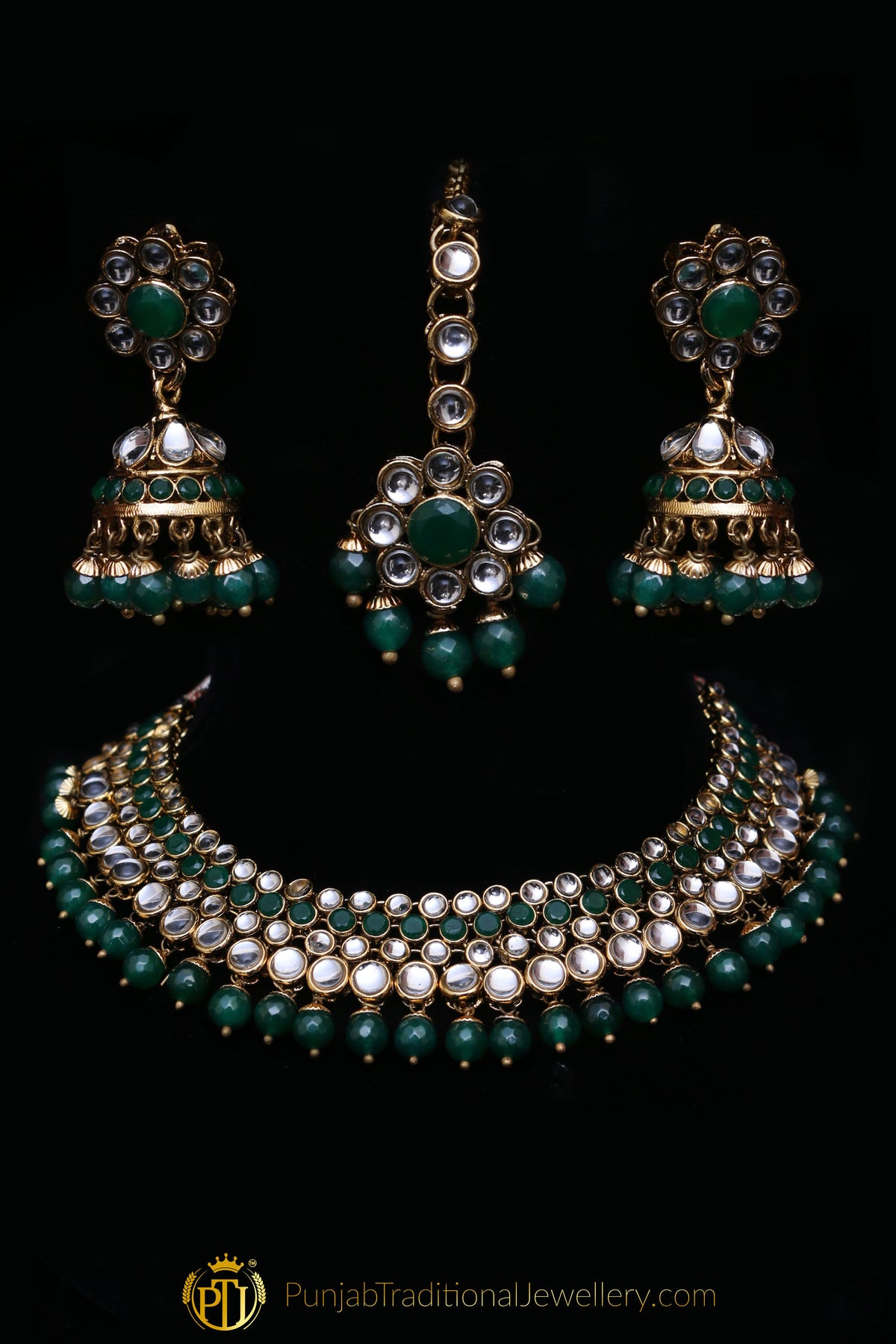 Green Kundan Necklace Set By Punjabi Traditional Jewellery
