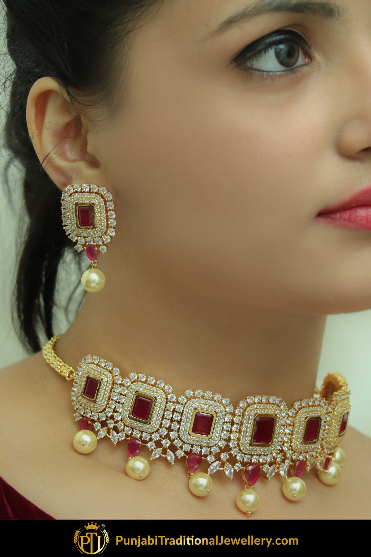 Ghadah Red Pearl American diamond Choker Set & Earrings | Punjabi Traditional Jewellery Exclusive