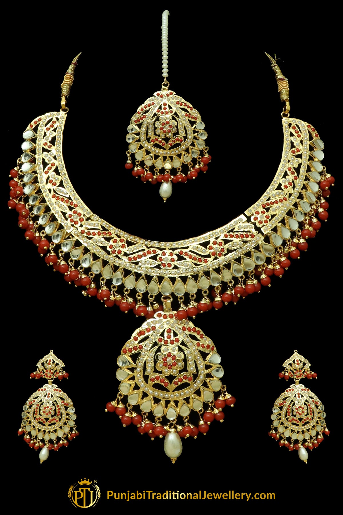 Red Jadau Kundan Necklace Set By Punjabi Traditional Jewellery