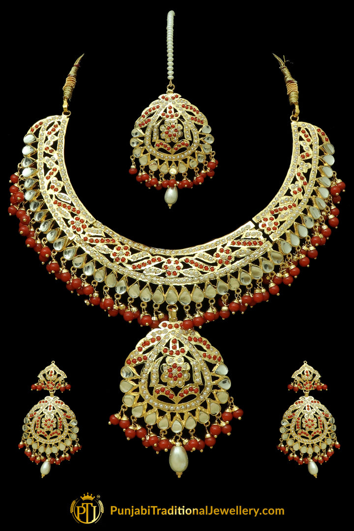 Red Jadau Kundan Necklace Set By Punjabi Traditional Jewellery
