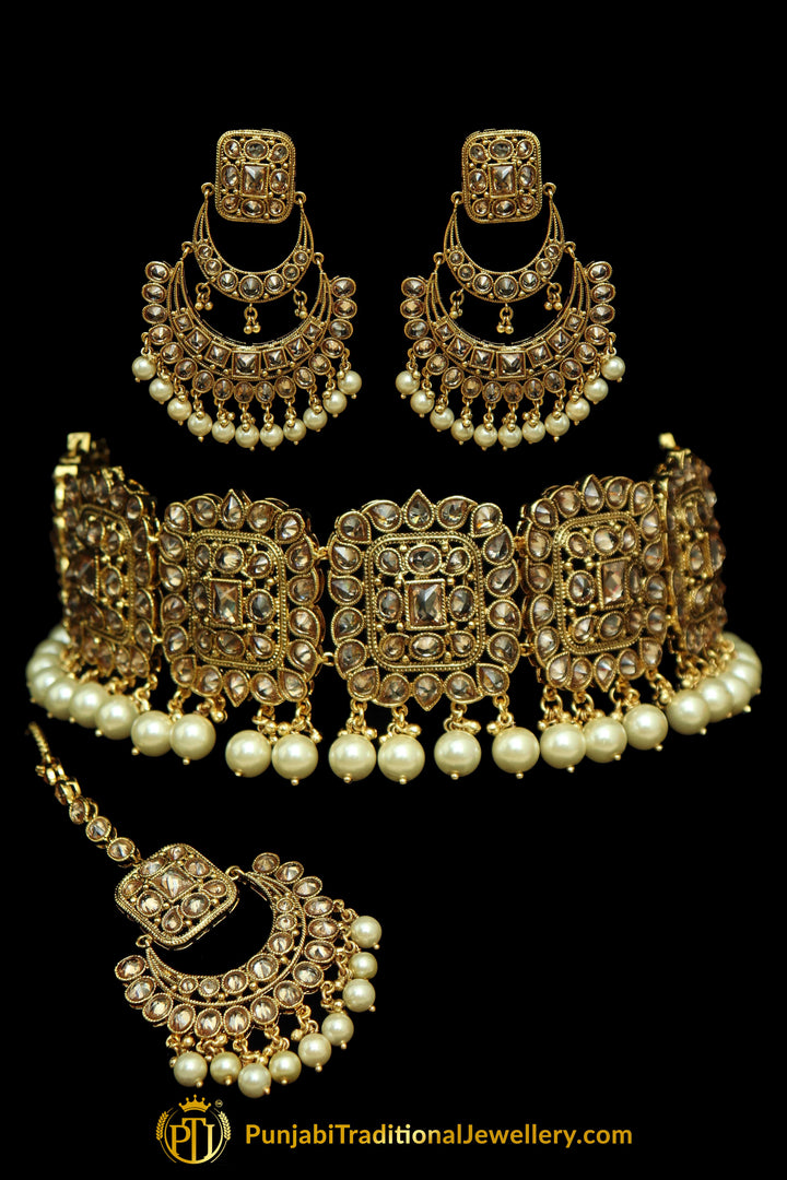 Polki Champagne Stone Choker Necklace Set By Punjabi Taditional Jewellery