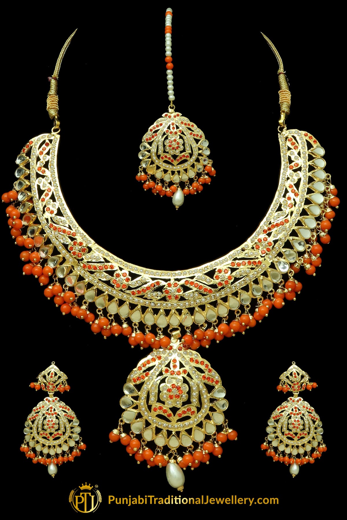 Orange Jadau Kundan Necklace Set By Punjabi Traditional Jewellery