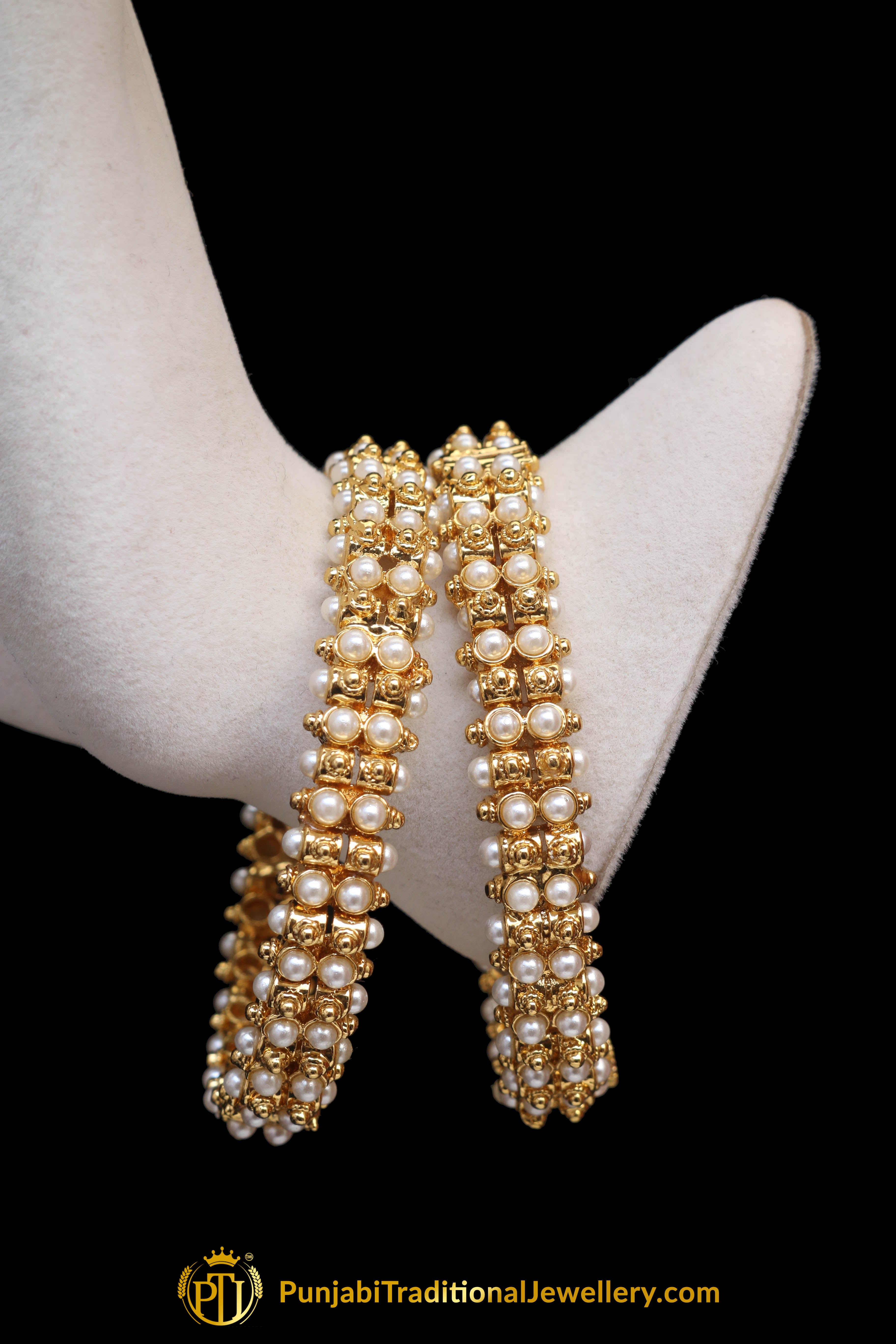 Golden & White Pearl Karra Bangles (Pair) By Punjabi Traditional Jewellery