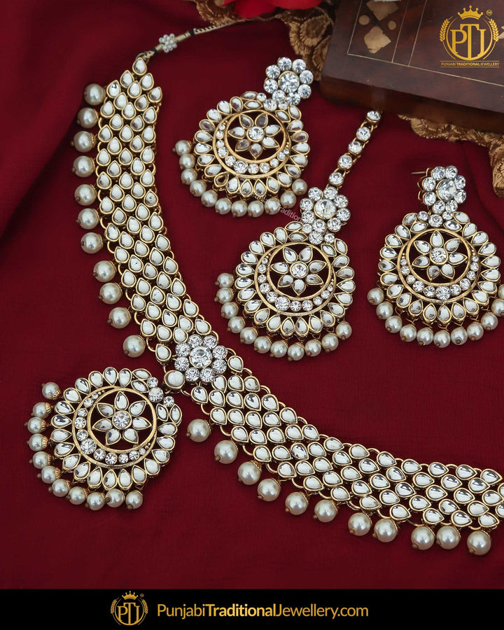 Gold Finished Kundan Pearl Choker Necklace Set | Punjabi Traditional Jewellery Exclusive