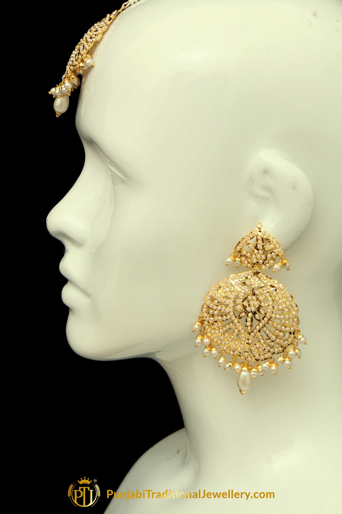 Golden Jadau Pearl Earring Tikka Set By Punjabi Traditional Jewellery