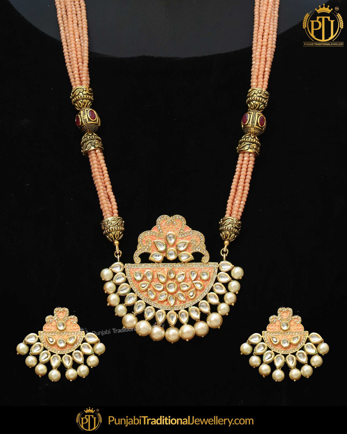 Gold Finished Orange Kundan Long Pearl Necklace Set | Punjabi Traditional Jewellery Exclusive
