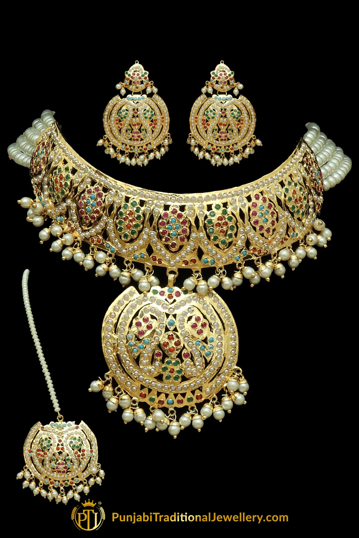 Multi Jadau Choker Necklace Set By Punjabi Traditional Jewellery