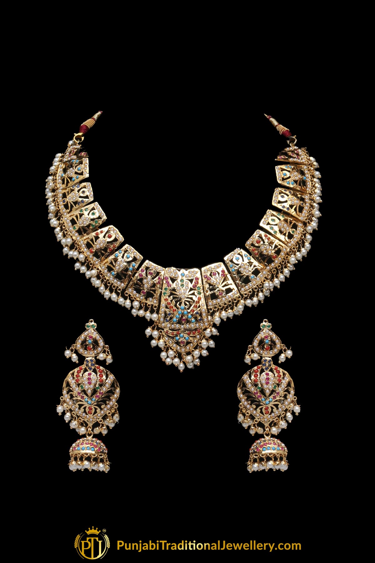 Multi Jadau Pearl Necklace Set By Punjabi Traditional Jewellery
