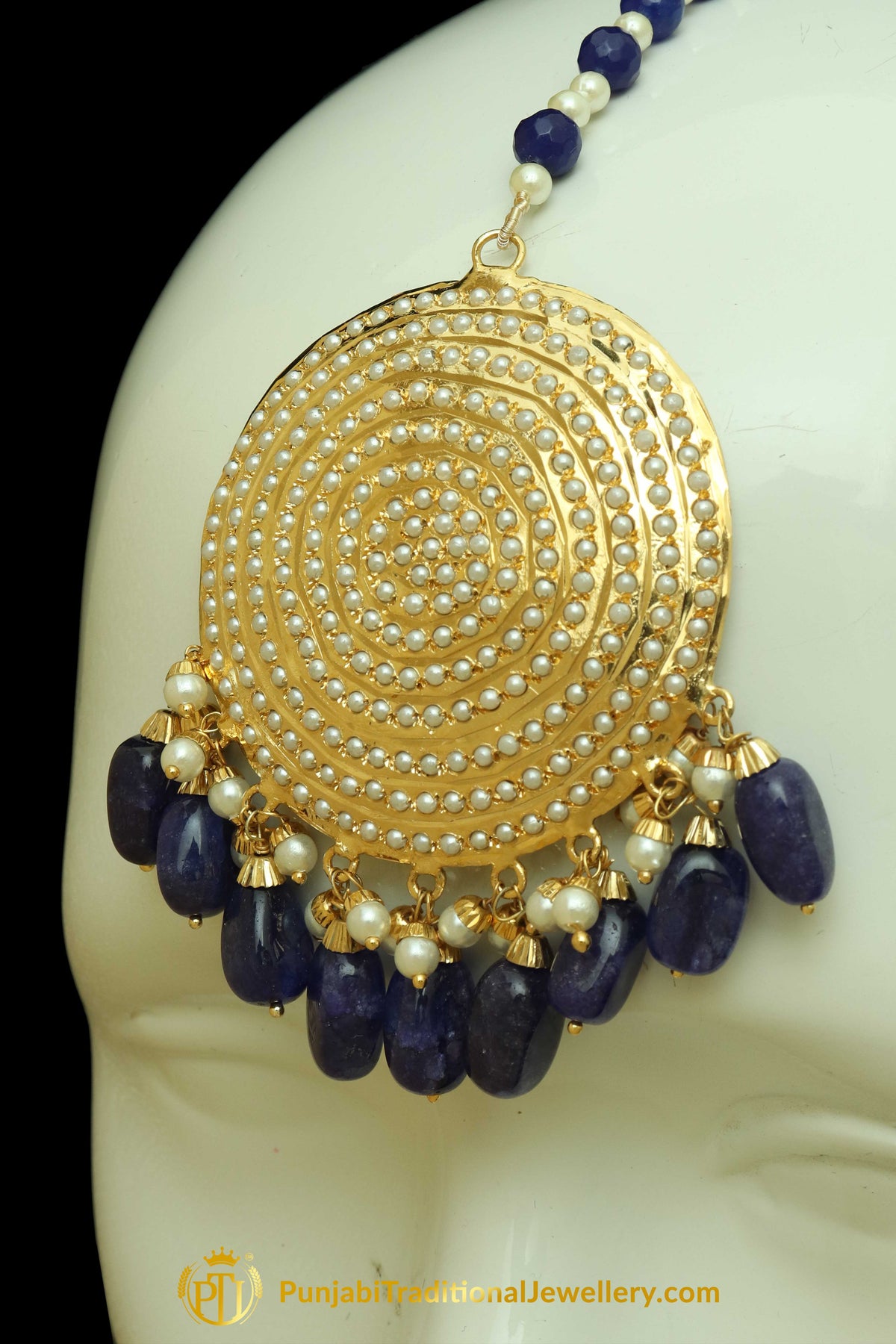 Blue Jadau Pearl Jhumki Earrings & Tikka Set By Punjabi Traditional Jewellery