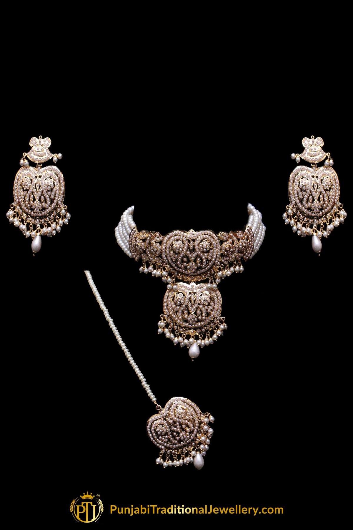 Jadau White Pearl Mala Necklace Set By Punjabi Traditional Jewellery
