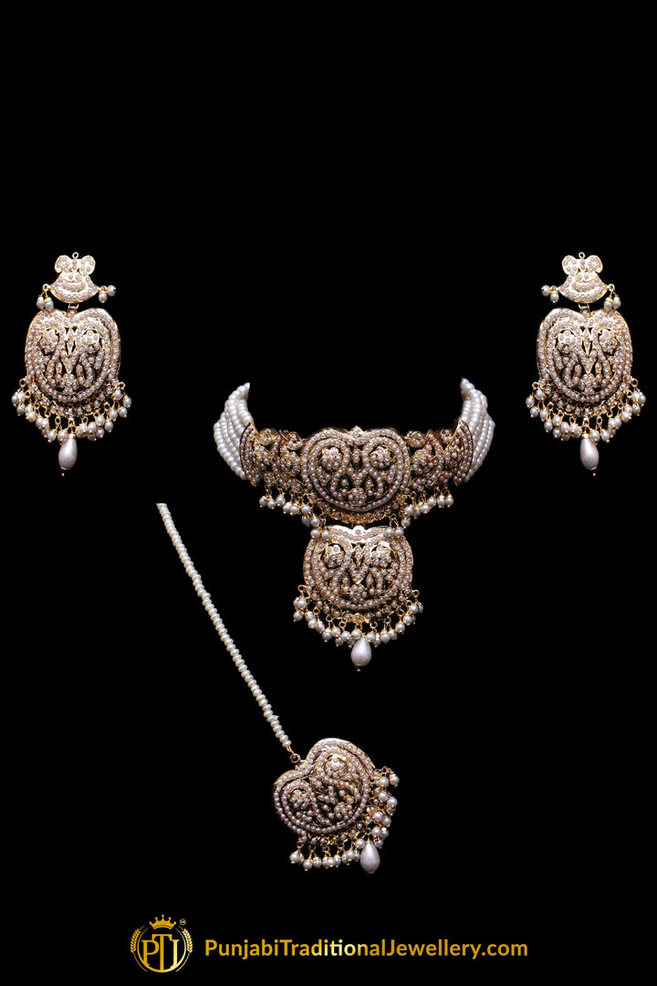 Jadau White Pearl Mala Necklace Set By Punjabi Traditional Jewellery