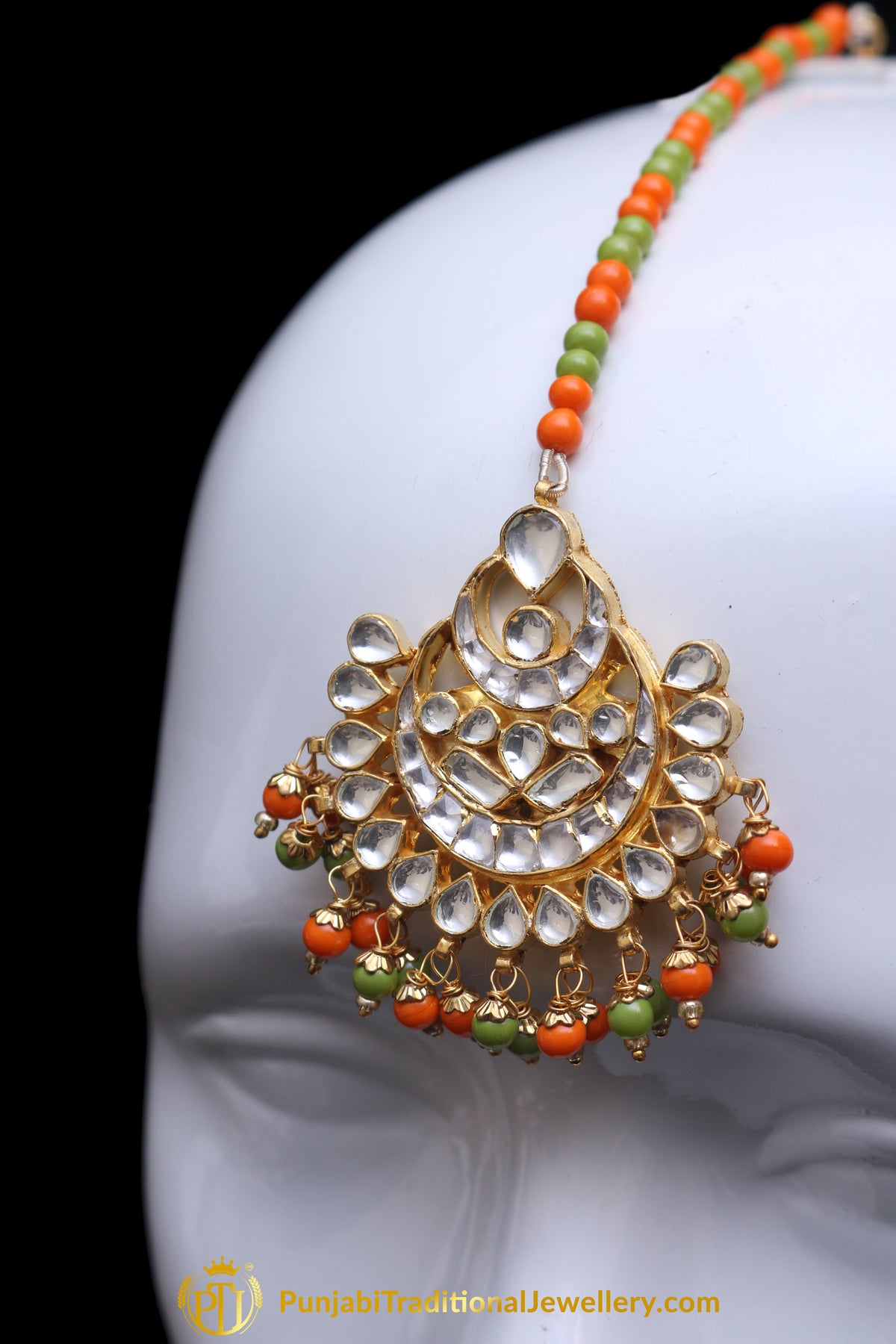 Anikaa Orange & Green Kundan Pearl Earring Tikka Set By Punjabi Traditional Jewellery