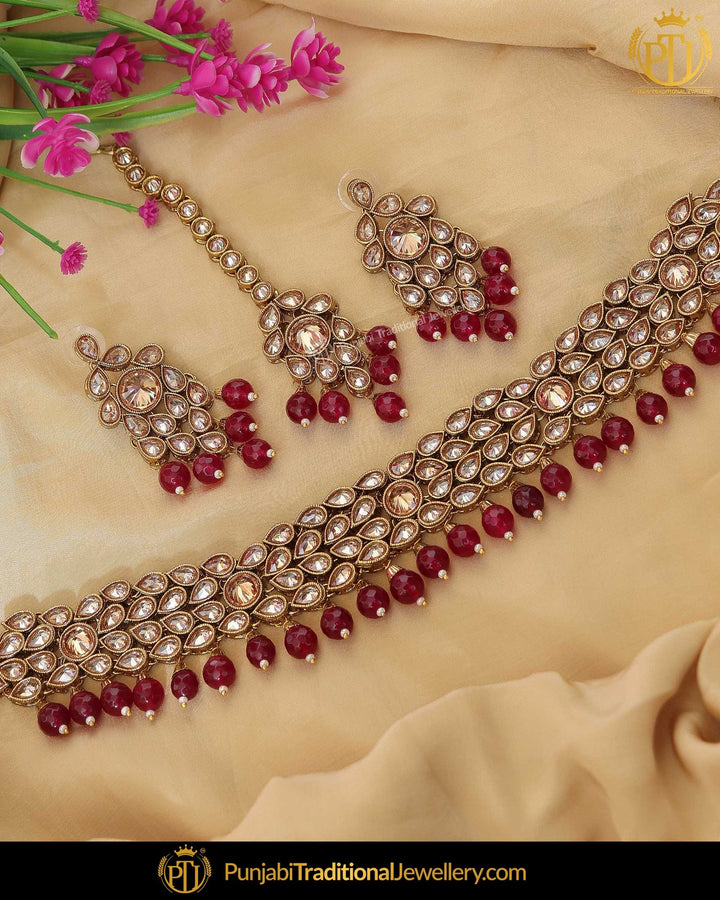 Gold Finished Rubby Chamapgne Stone Choker Necklace Set | Punjabi Traditional Jewellery Exclusive