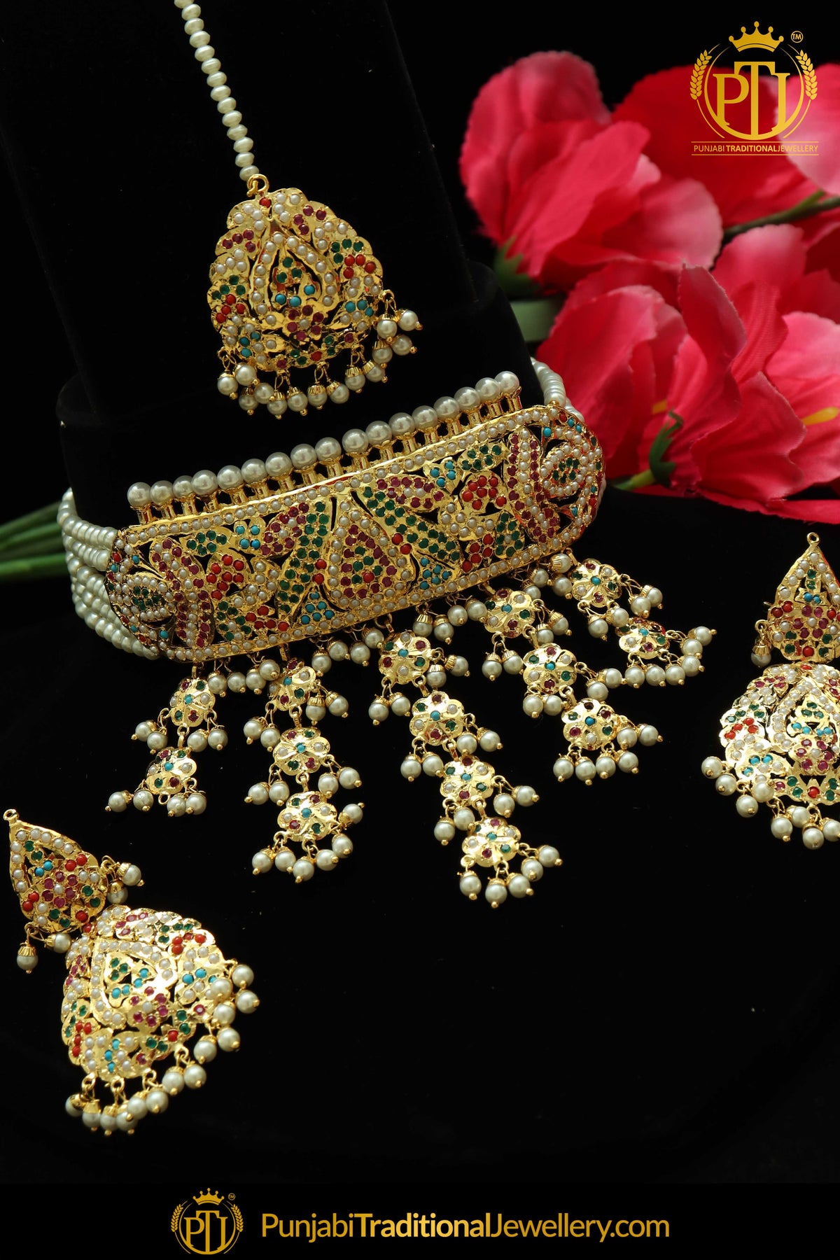 Jehan Gold Finished Navratan Jadau Choker Set, Tikka & Earrings | Punjabi Traditional Jewellery Exclusive