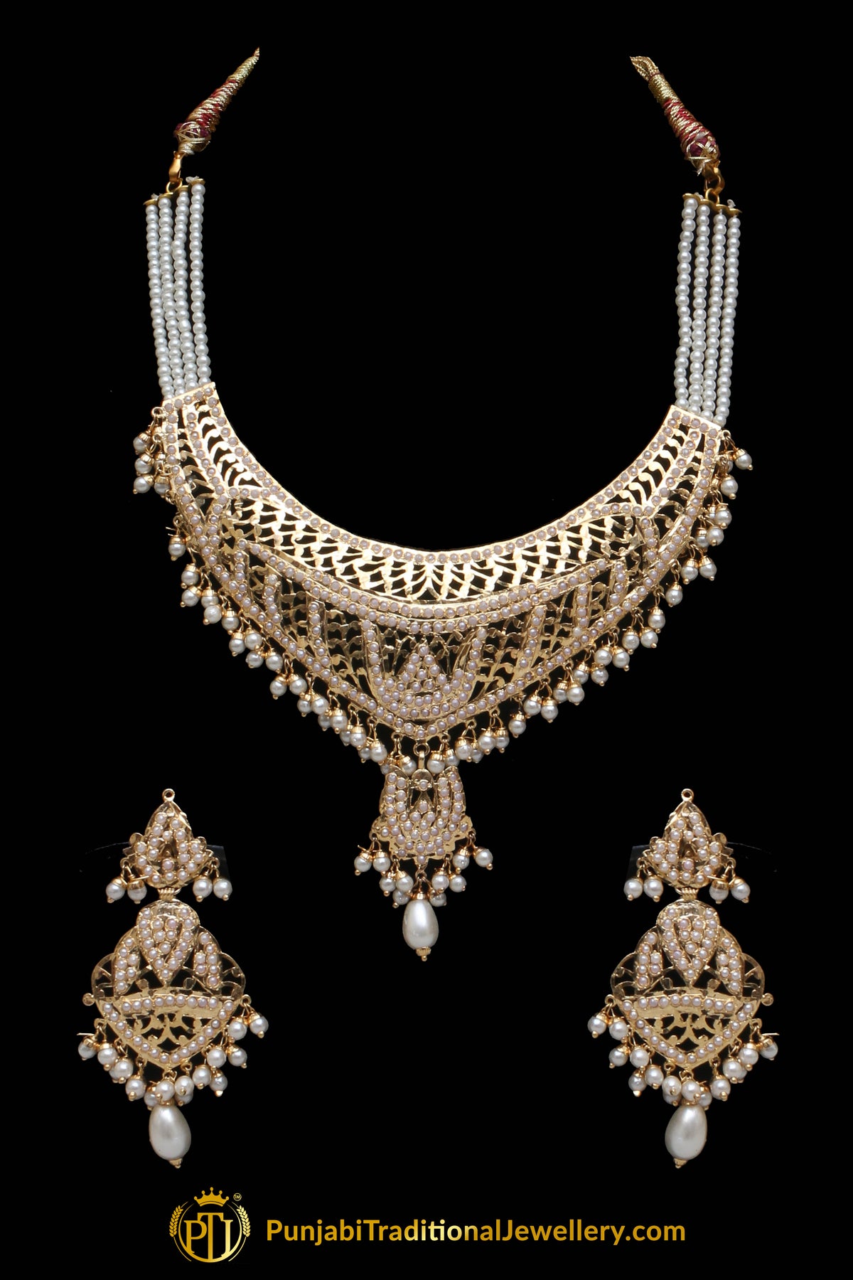 Golden Jadau Necklace Set By Punjabi Traditional Jewellery