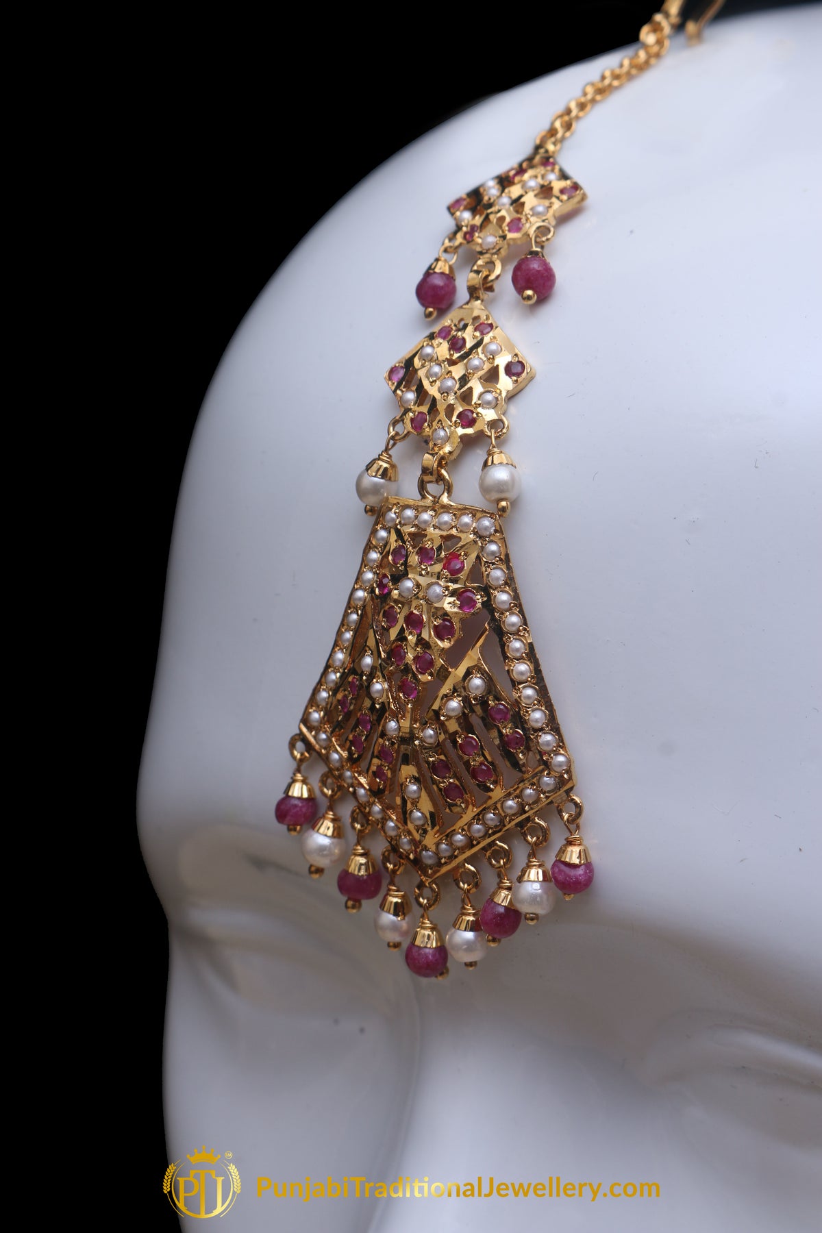 Multi Jadau Pearl Earring Tikka Set By Punjabi Traditional Jewellery