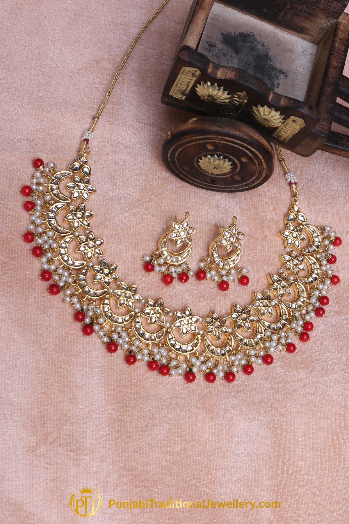 Red Pearl Kundan Necklace Set Punjabi Traditional Jewellery