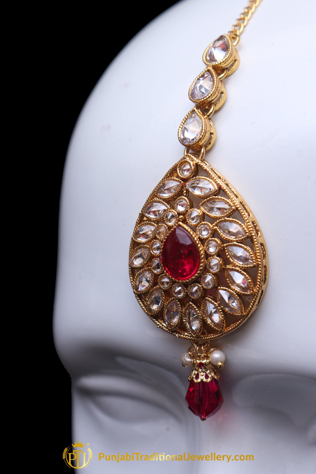 Red Polki Earring Tikka Set By Punjabi Traditional Jewellery