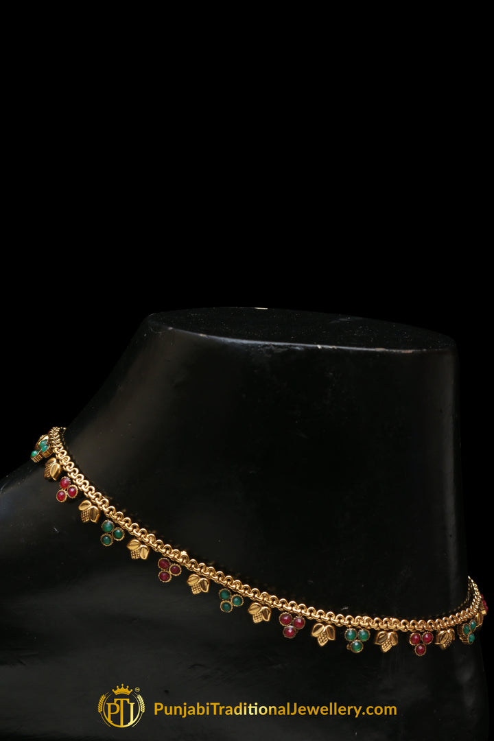 Red &  Green Antique Gold, Polki Payal By Punjabi Traditional Jewellery