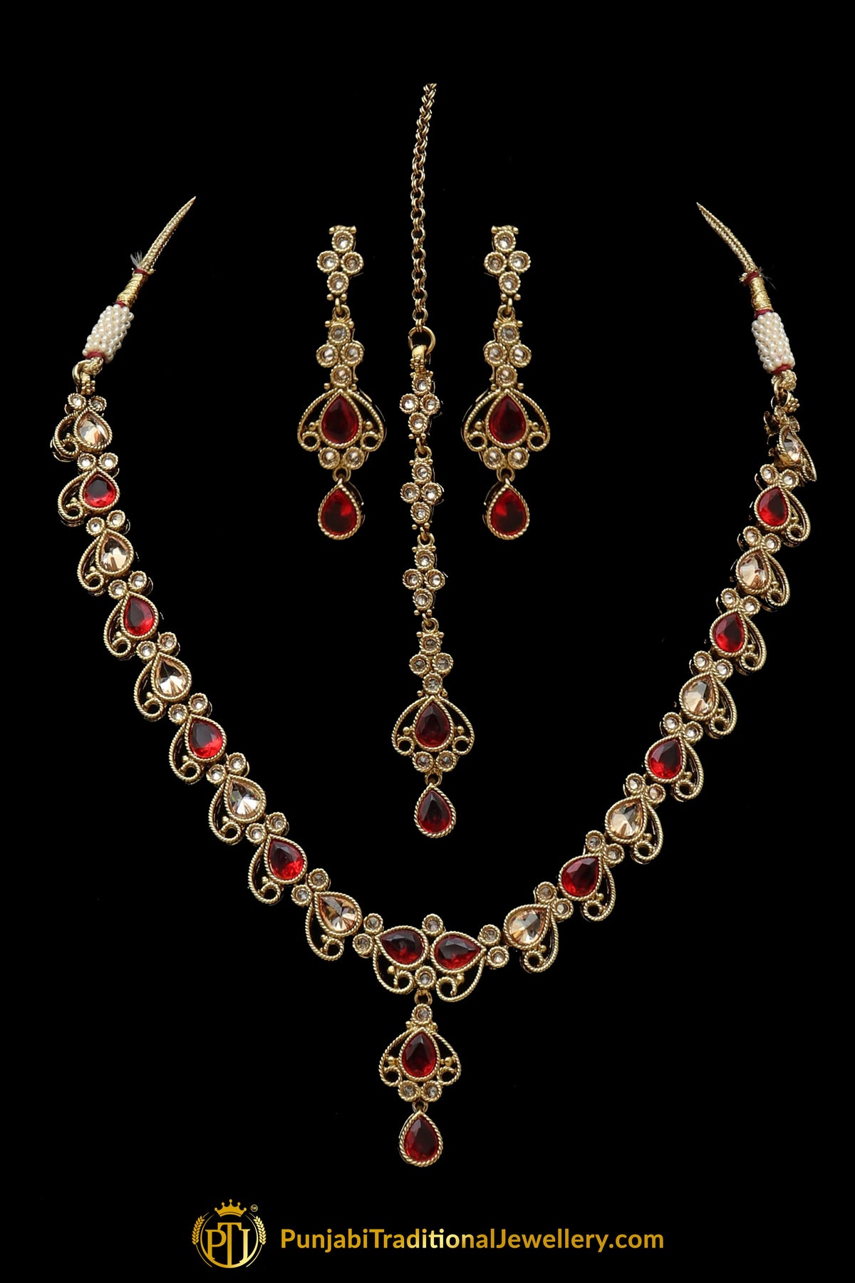 Red Champagne Stone Necklace Set By Punjabi Traditional Jewellery