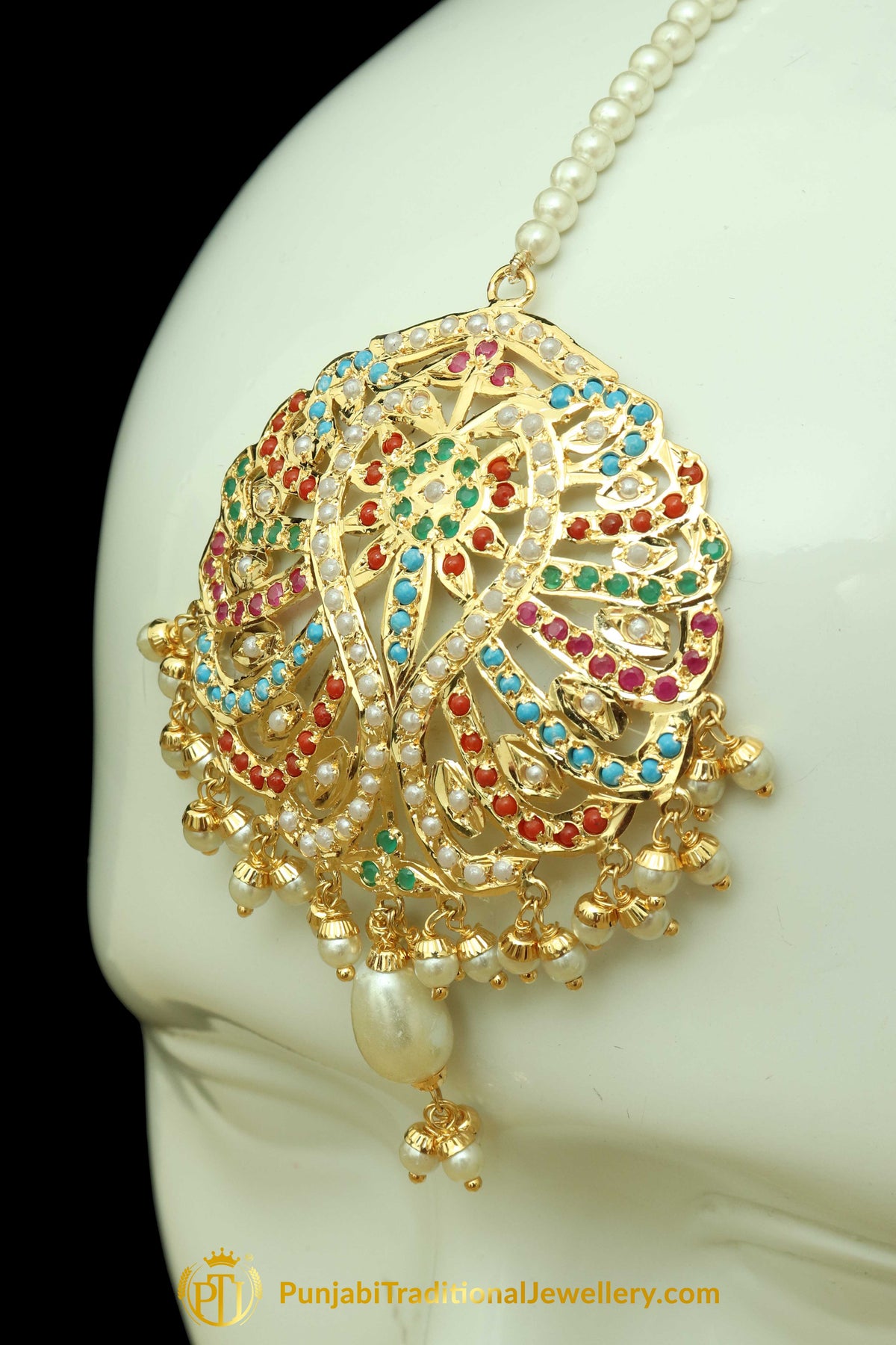 Multi Jadau Pearl Earring Tikka Set By Punjabi Traditional Jewellery