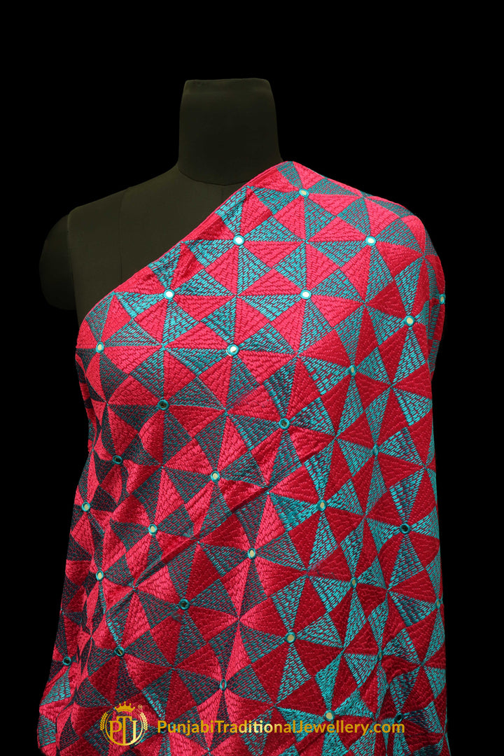 Pink & Firozi Color Pure Phulkari Dupatta By Punjabi Traditional Jewellery