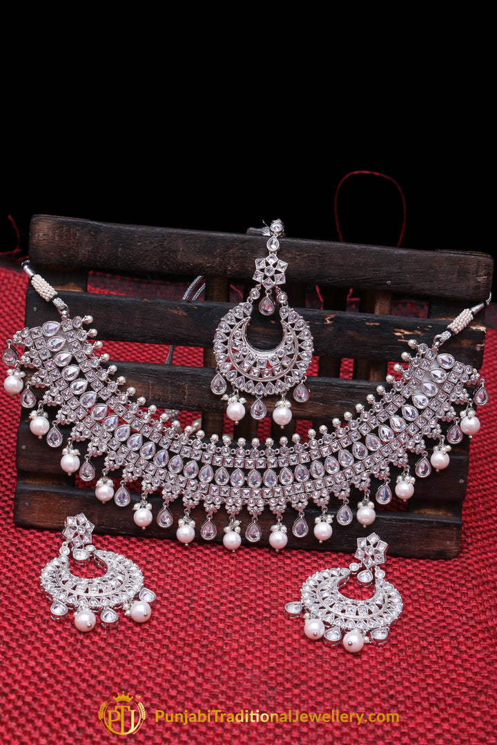 Silver Polki Pearl Necklace Set By Punjabi Traditional Jewellery