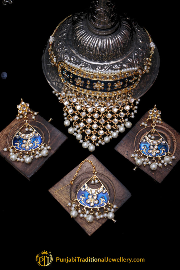 Blue Choker Pearl Kundan Meena Necklace Set By Punjabi Traditional Jewellery