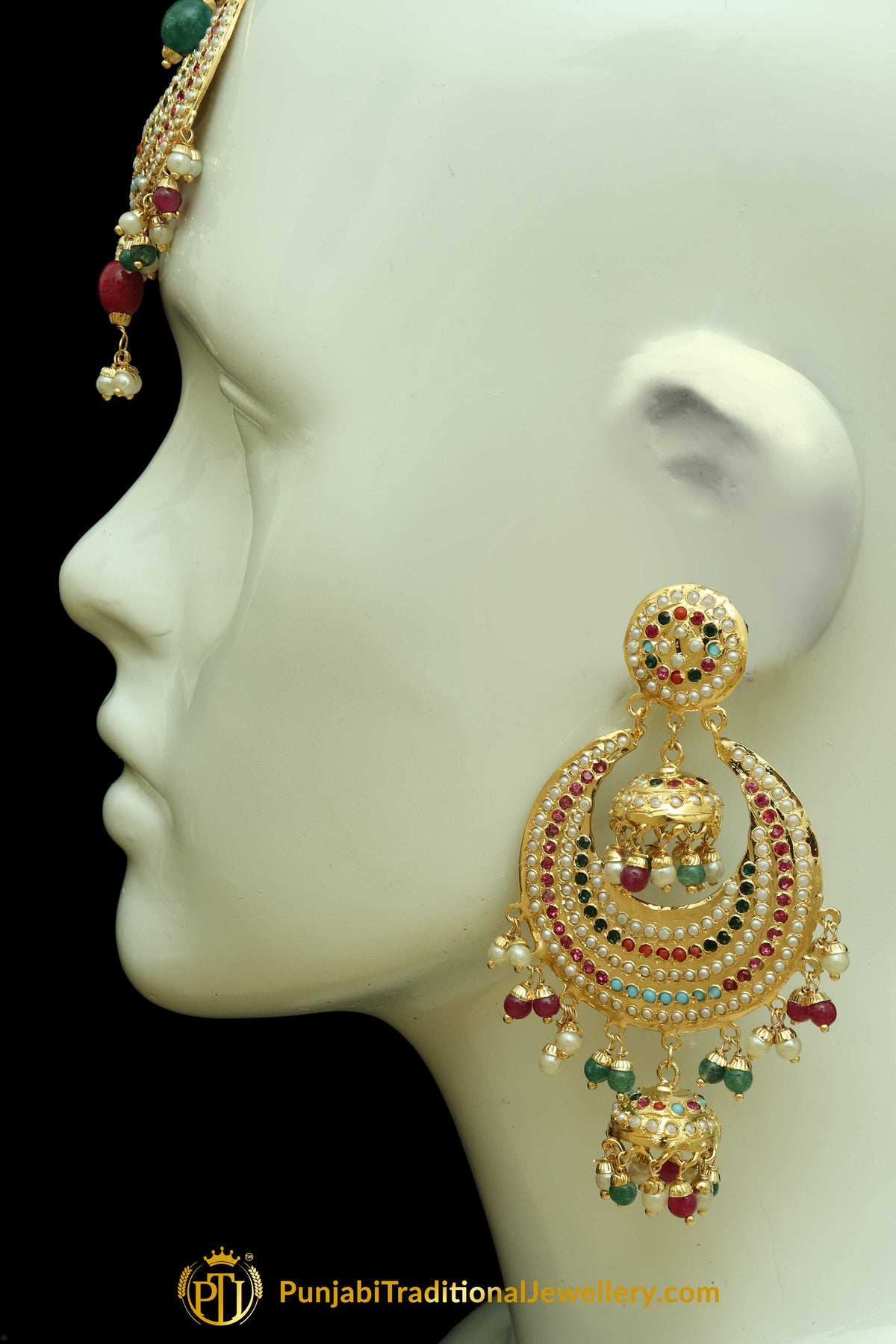 Multi Jadau Pearl Earring Tikka Set By Punjabi Traditional Jewellery