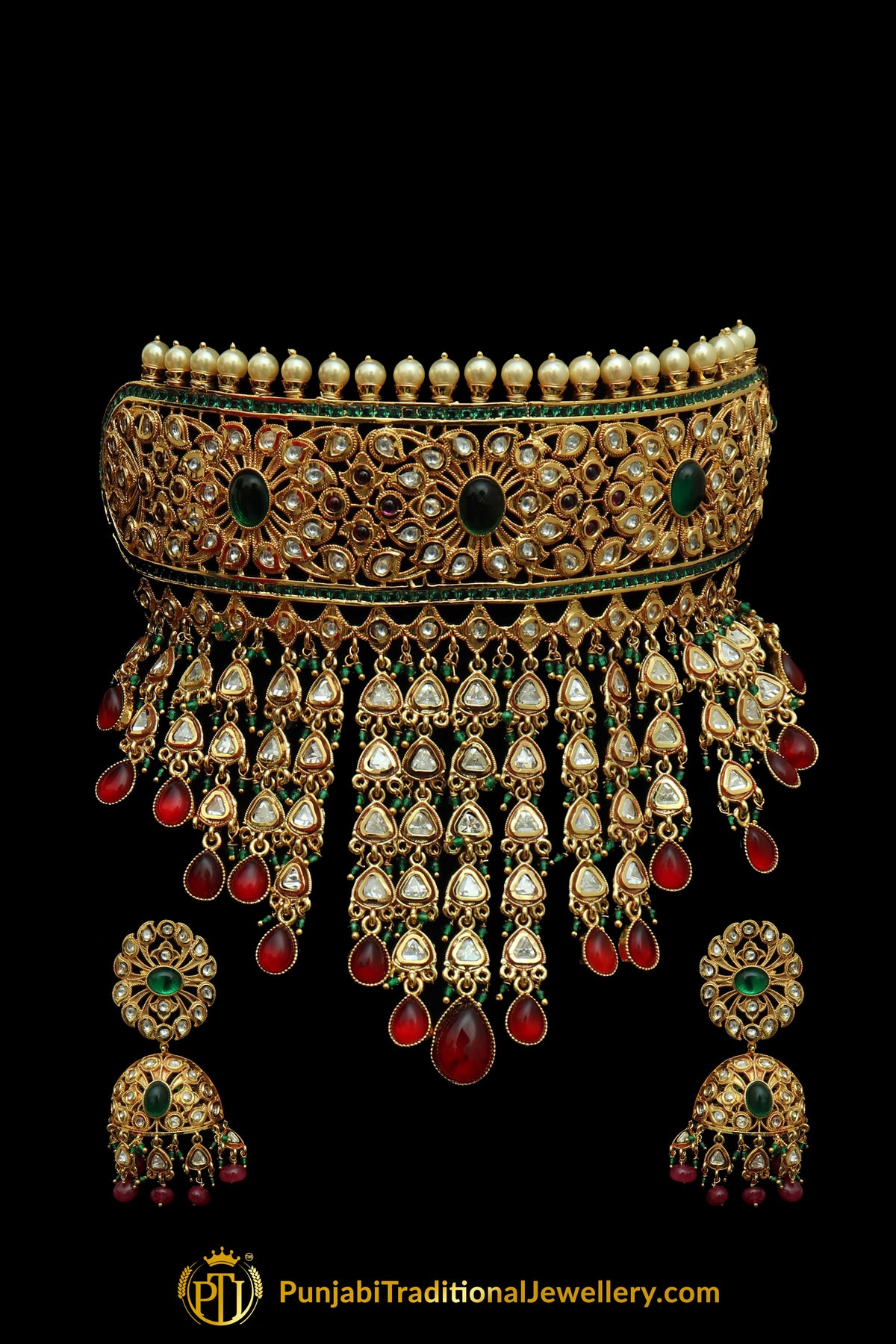 Green Red Kundan Choker Necklace Set By Punjabi Taditional Jewellery