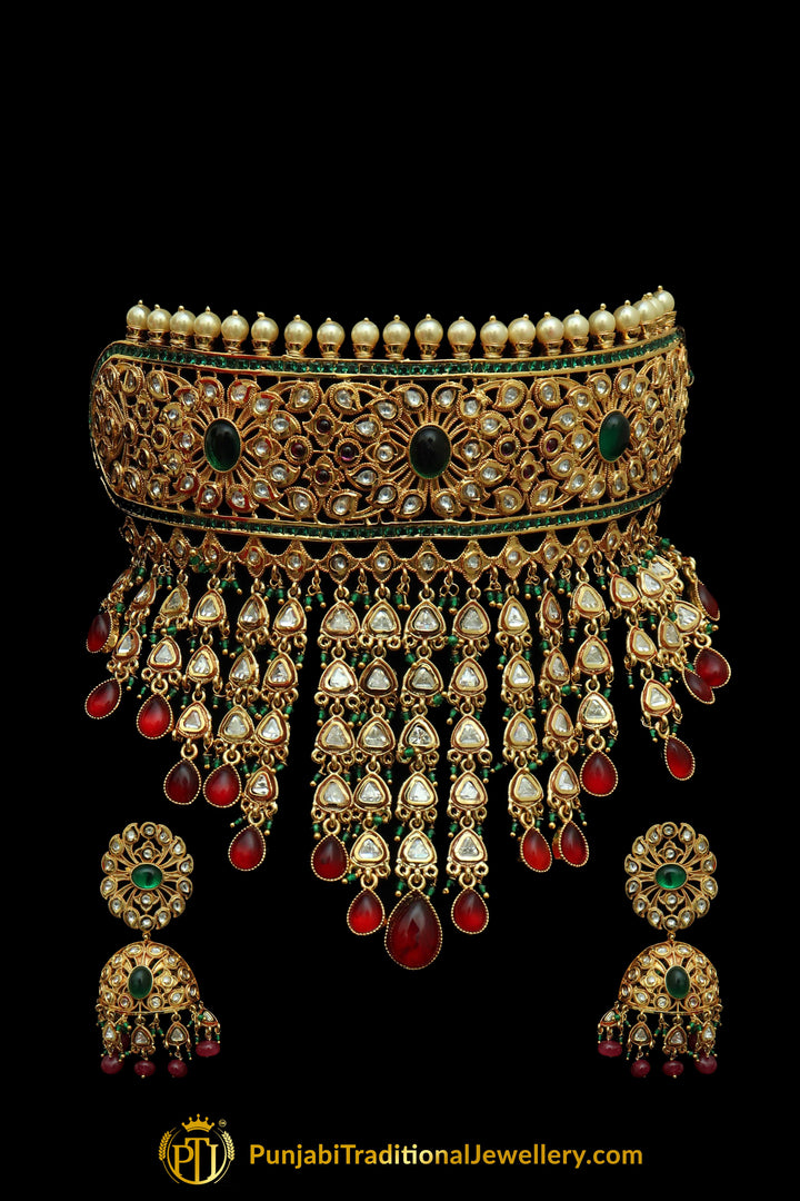 Green Red Kundan Choker Necklace Set By Punjabi Taditional Jewellery