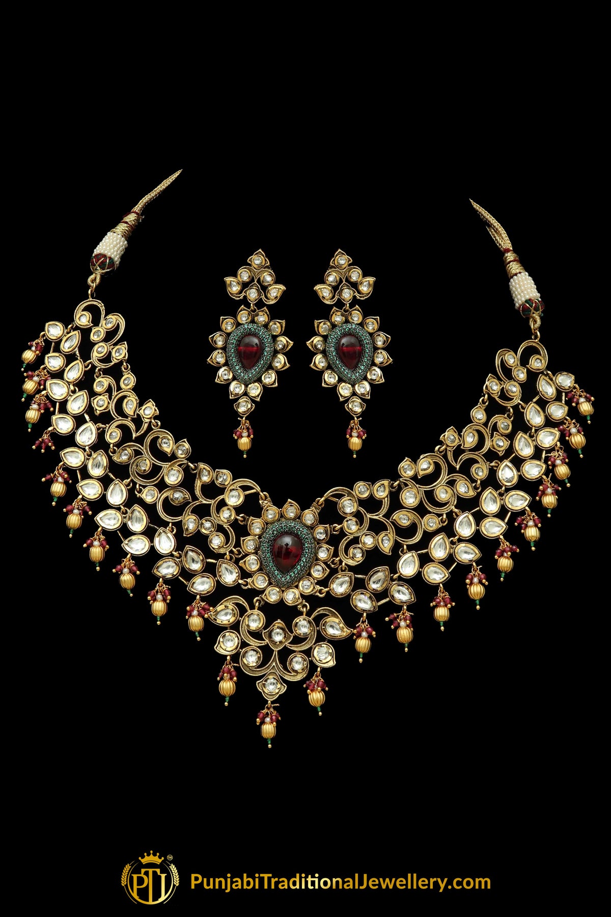 Matt Gold Red Polki Necklace Set By Punjabi Taditional Jewellery