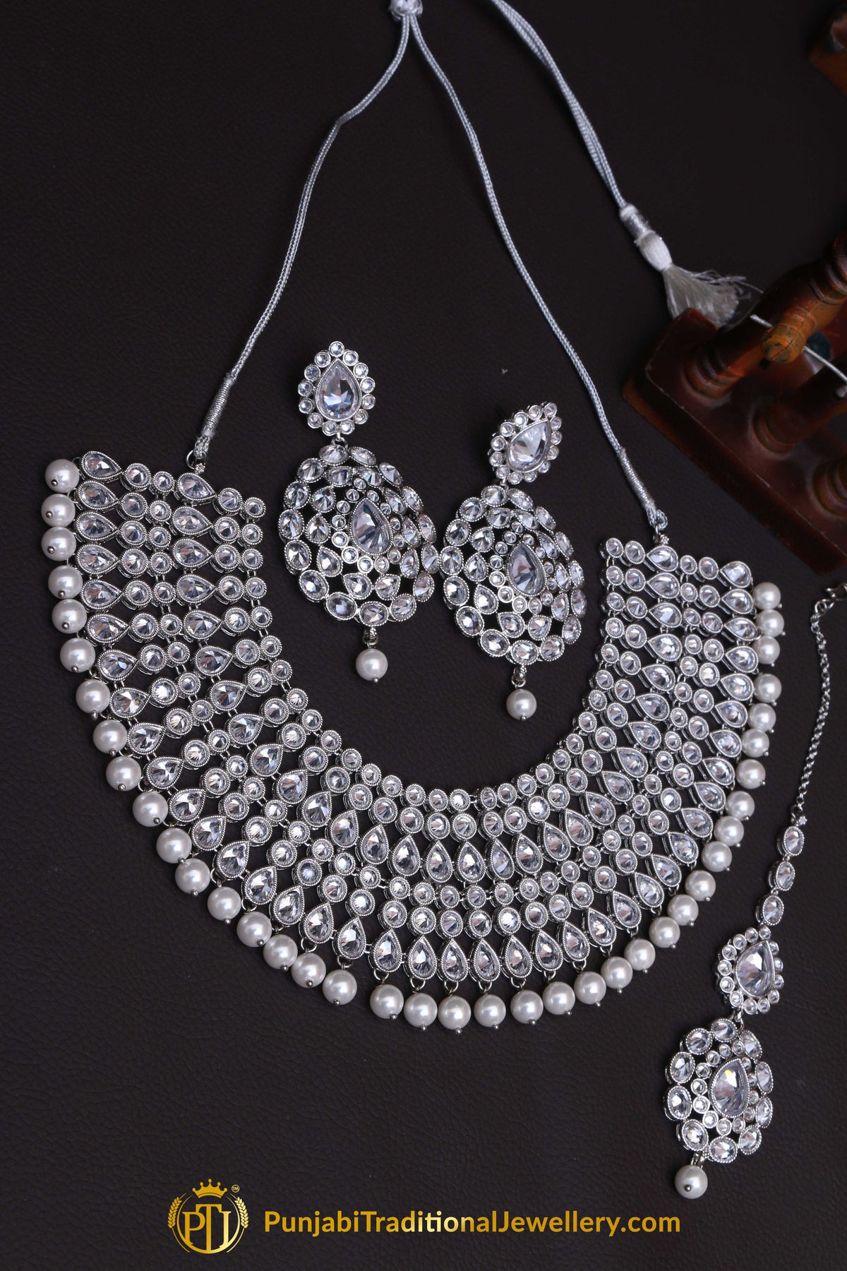 Silver Polki Pearl Necklace Set By Punjabi Traditional Jewellery