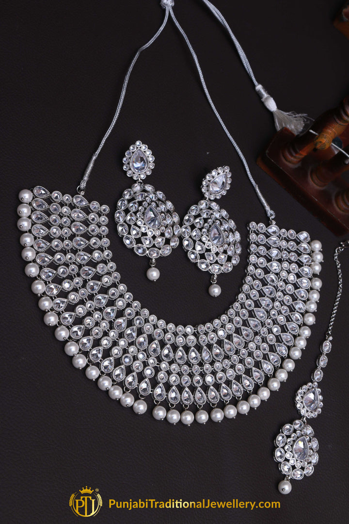 Silver Polki Pearl Necklace Set By Punjabi Traditional Jewellery