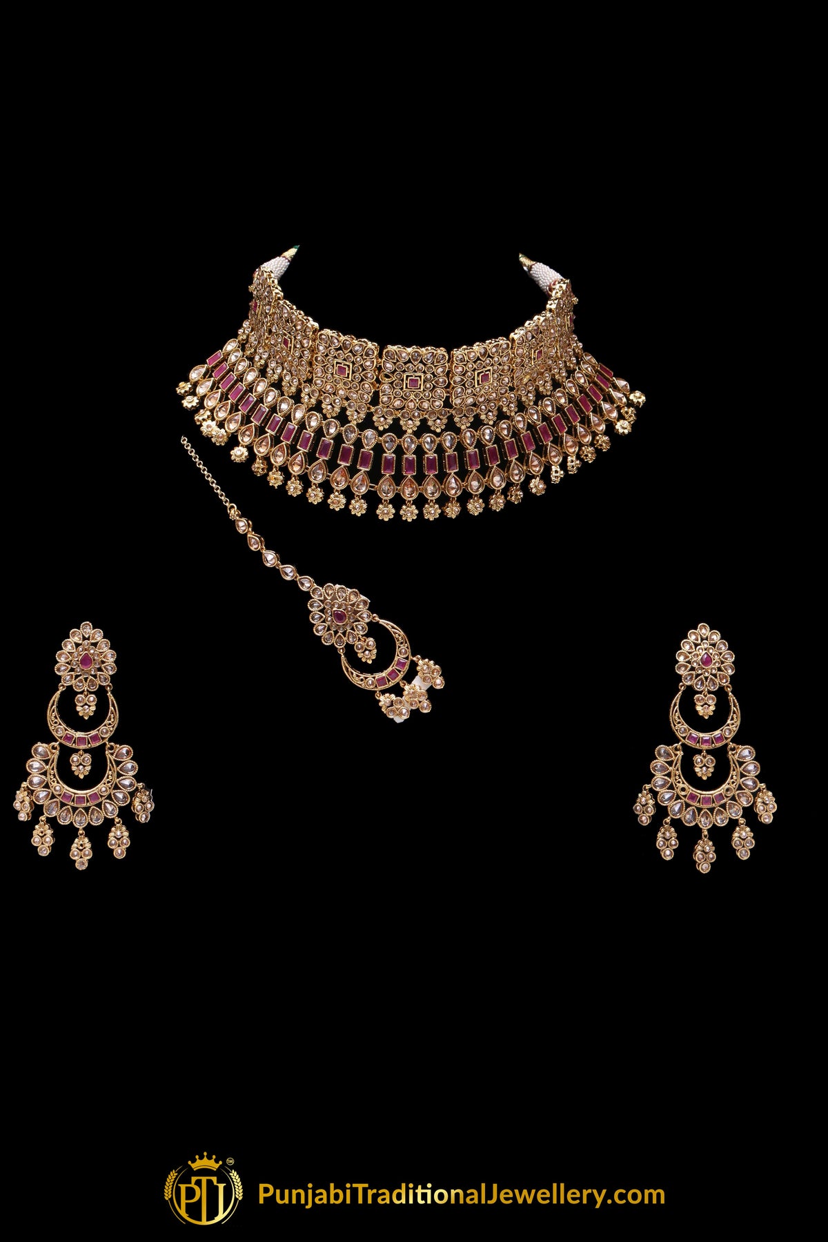 Red Champagne Stone Necklace Set By Punjabi Traditional Jewellery