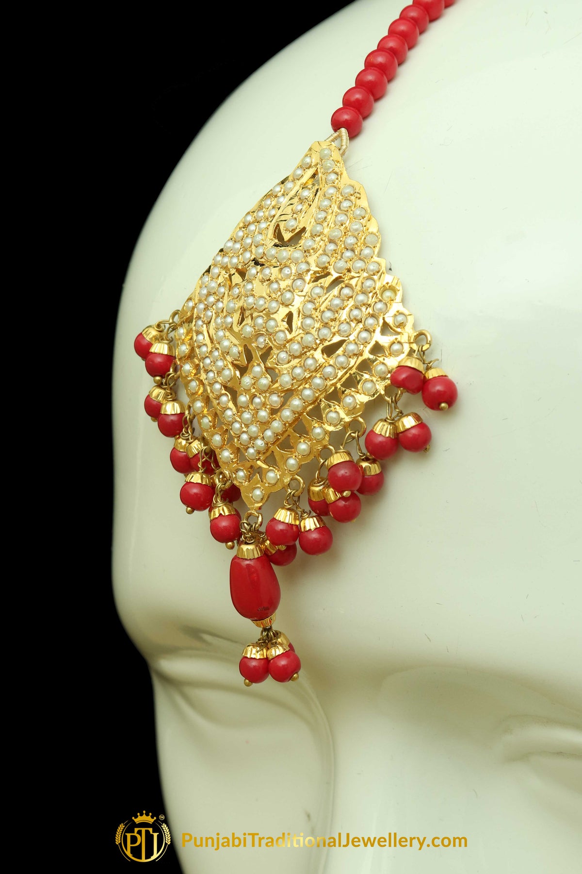 Red Jadau Pearl Earring Tikka Set By Punjabi Traditional Jewellery